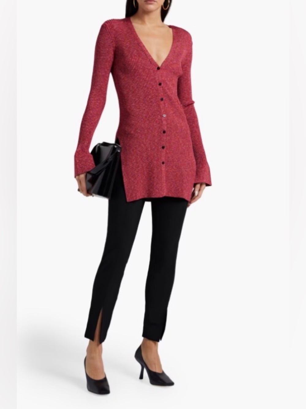 Theory Sunset Multi Cabled Ribbed Button-Front V-Neck Longline Rose Red Cardigan